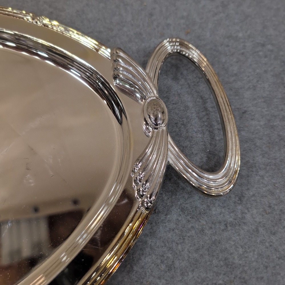 Silver Tone Oval Serving Tray with Decorative Handles Polished Mirror Finish - Picture 3 of 6